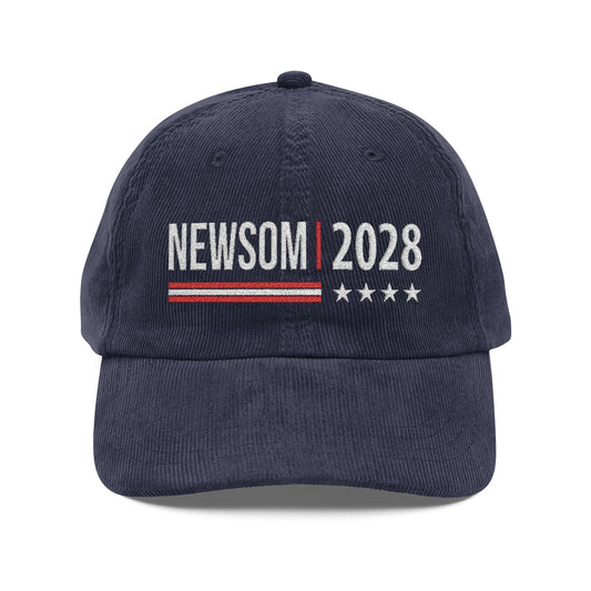 Embroidered Corduroy Cap, Vintage Baseball Hat with Newsom 2028 Election Campaign Theme, Red White Stripes Stars, Political Headwear