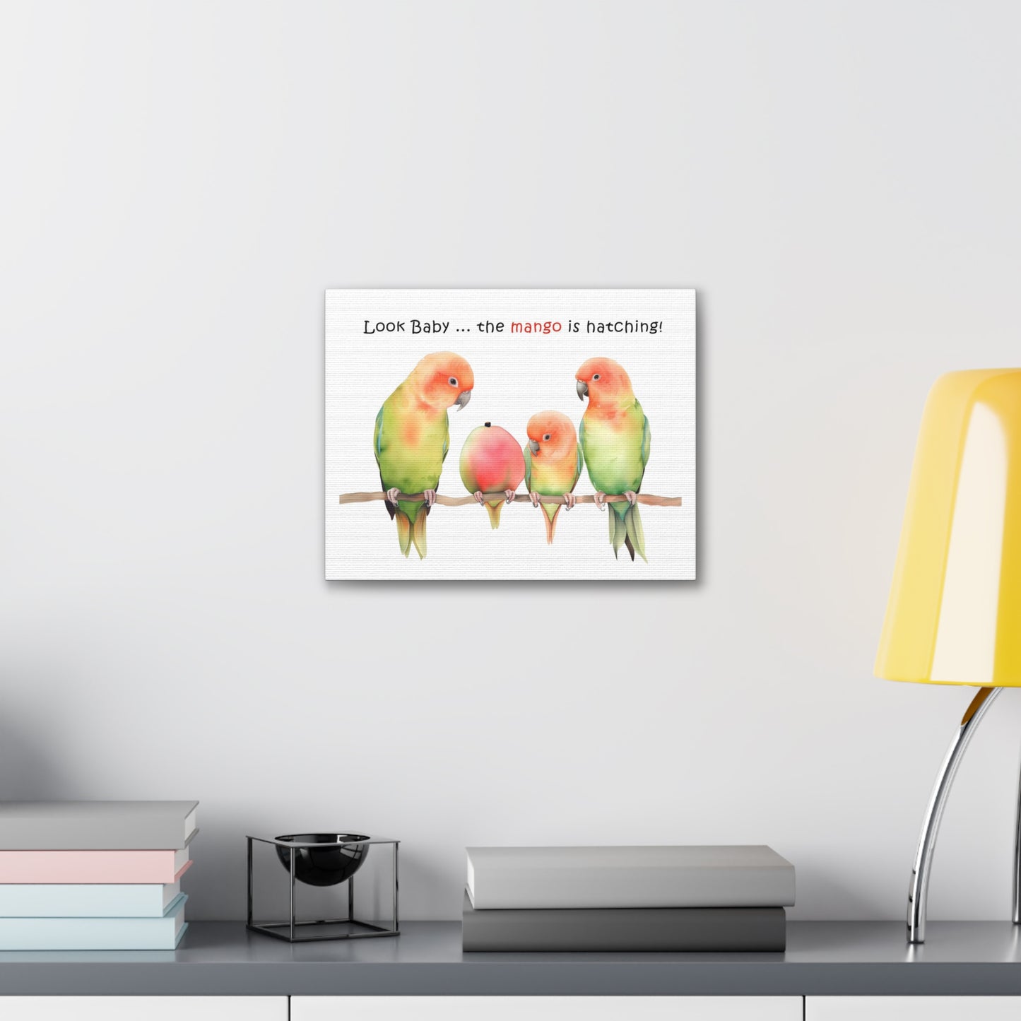 Lovebird Parents and Baby Watching Mango Hatching on a Branch - Funny Canvas Gallery Wraps