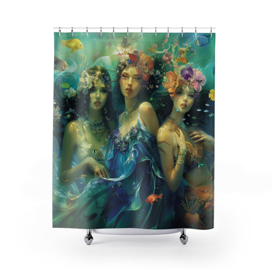 Mystical Mermaid Shower Curtain, Bohemian Home Decor, Bathroom Art, Ocean Theme, Nature Vibes, Gift for Water Lovers, Floral Design