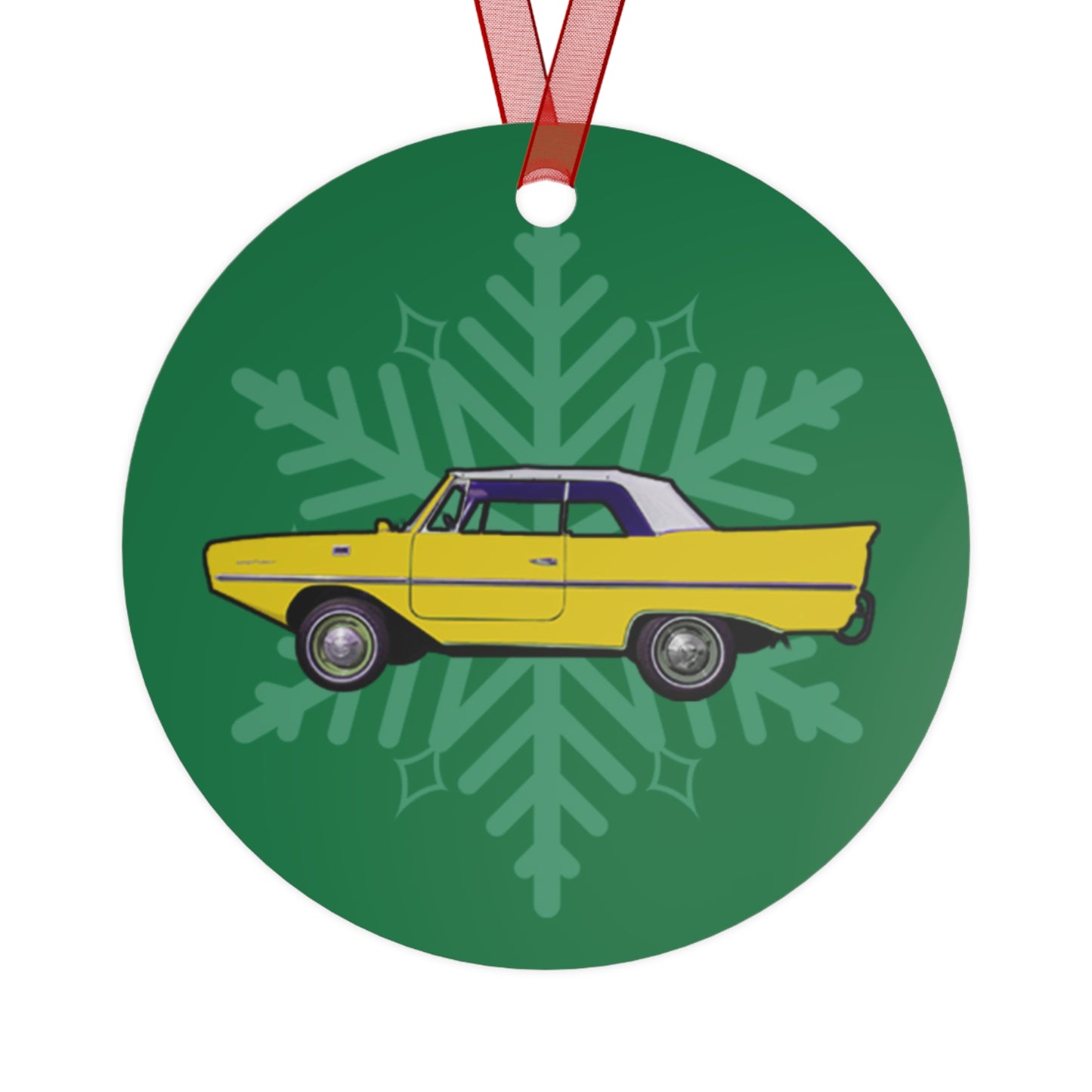 Yellow Amphicar 770 Christmas Holiday 3.5" Round Metal Ornament with Red Ribbon