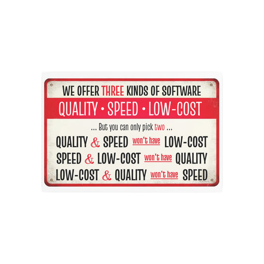 Metal Sign, Software Development Iron Triangle  | Quality, Speed, Low-Cost Funny Wall Art 30x20"