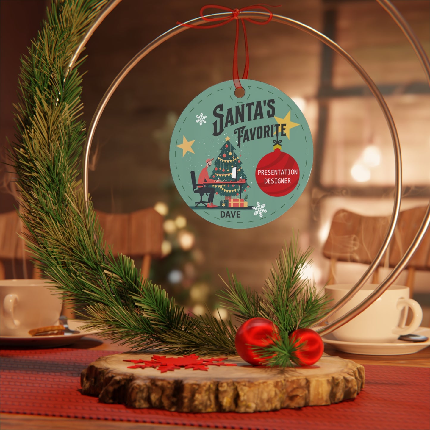 DAVE-Santa's Favorite Presentation Designer Christmas Holiday 3.5" Round Metal Ornament with Ribbon