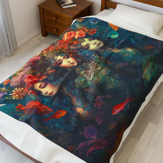 Trio of Water Goddesses Design on a Velveteen Plush Blanket, Size 50x60"