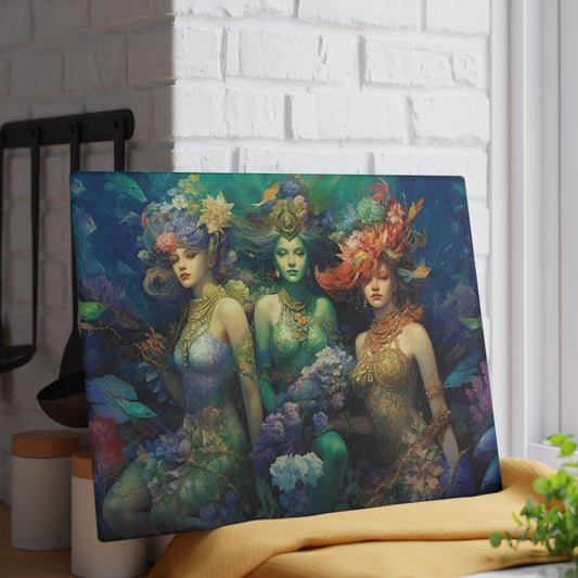 3 Dreamy Water Goddesses Mermaidcore, Fairycore Mermaid Glass Cutting Board (2 sizes)