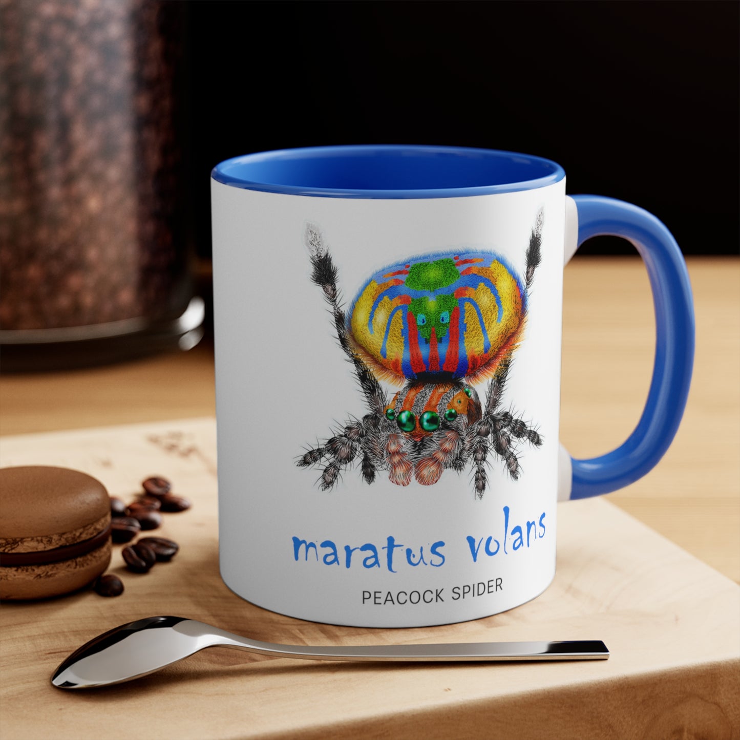 Maratus Volans Peacock Jumping Spider 11 oz. Mug has Blue Color Inside