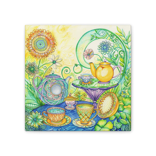 Colorful Garden Tea Party Zentangle Canvas Stretched Wall art with a 0.75" Height Frame