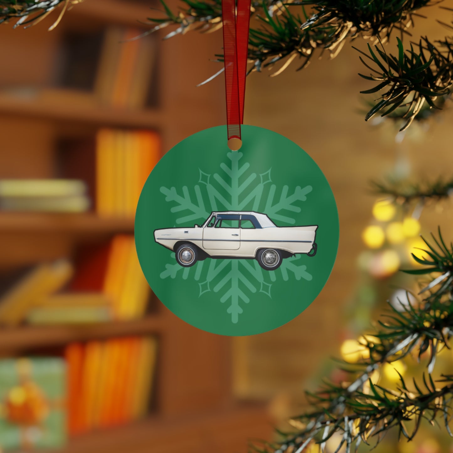 Strand White Amphicar 770 Christmas Holiday 3.5" Round Metal Ornament with Red Ribbon