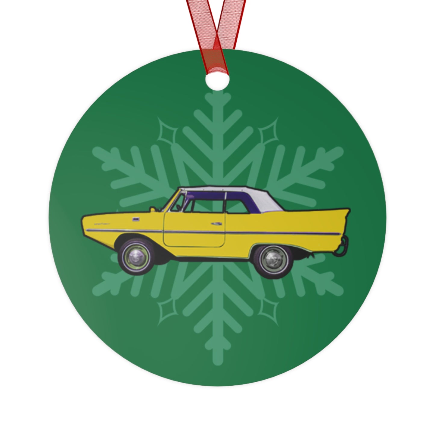 Yellow Amphicar 770 Christmas Holiday 3.5" Round Metal Ornament with Red Ribbon