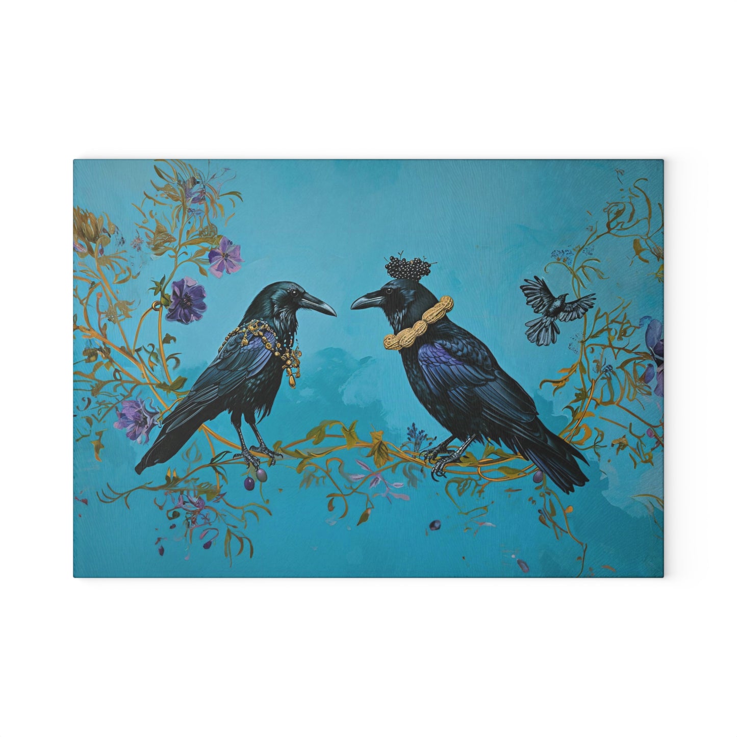Crow and Raven Wearing Peanut Necklaces and a Blackberry Hat Glass Cutting Board