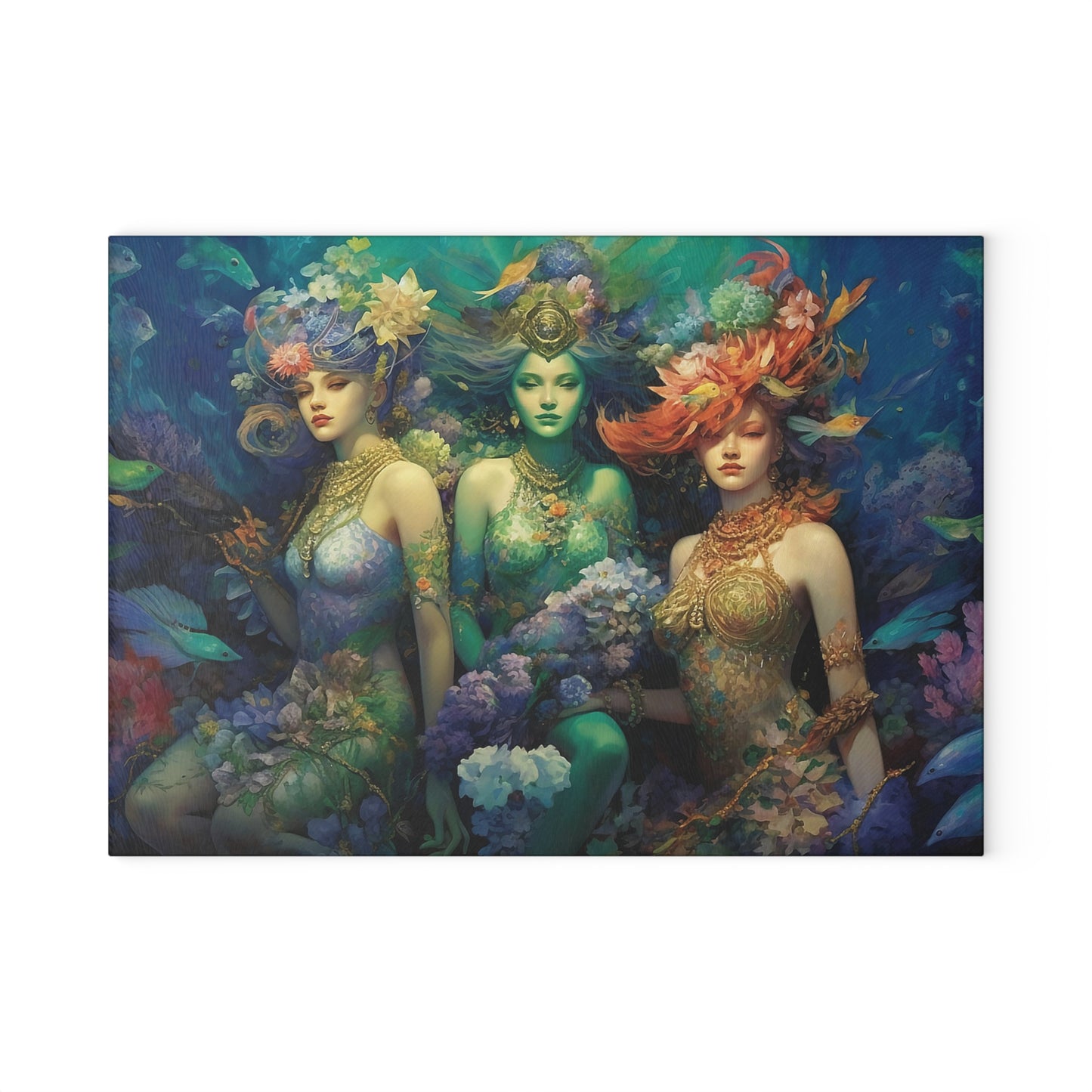 3 Dreamy Water Goddesses Mermaidcore, Fairycore Mermaid Glass Cutting Board (2 sizes)