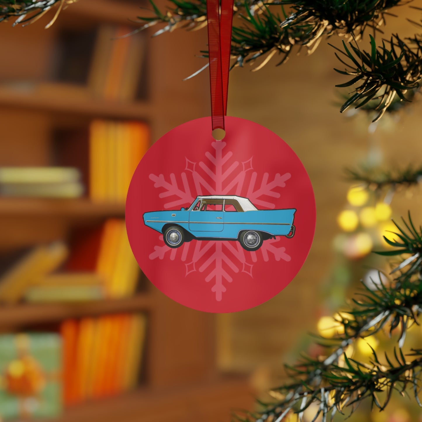 Lagoon Blue Amphicar 770 Red Background Christmas Holiday 3.5" Round Metal Ornament with Red Ribbon