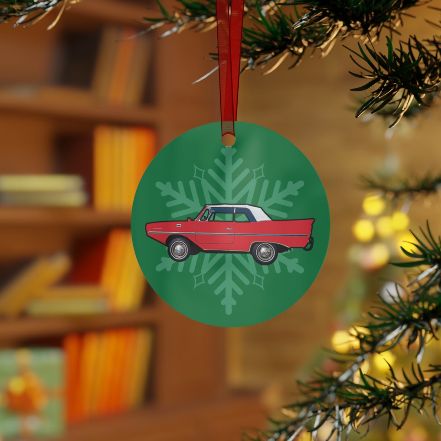 Regatta Red Amphicar 770 Christmas Holiday 3.5" Round Metal Ornament with Red Ribbon