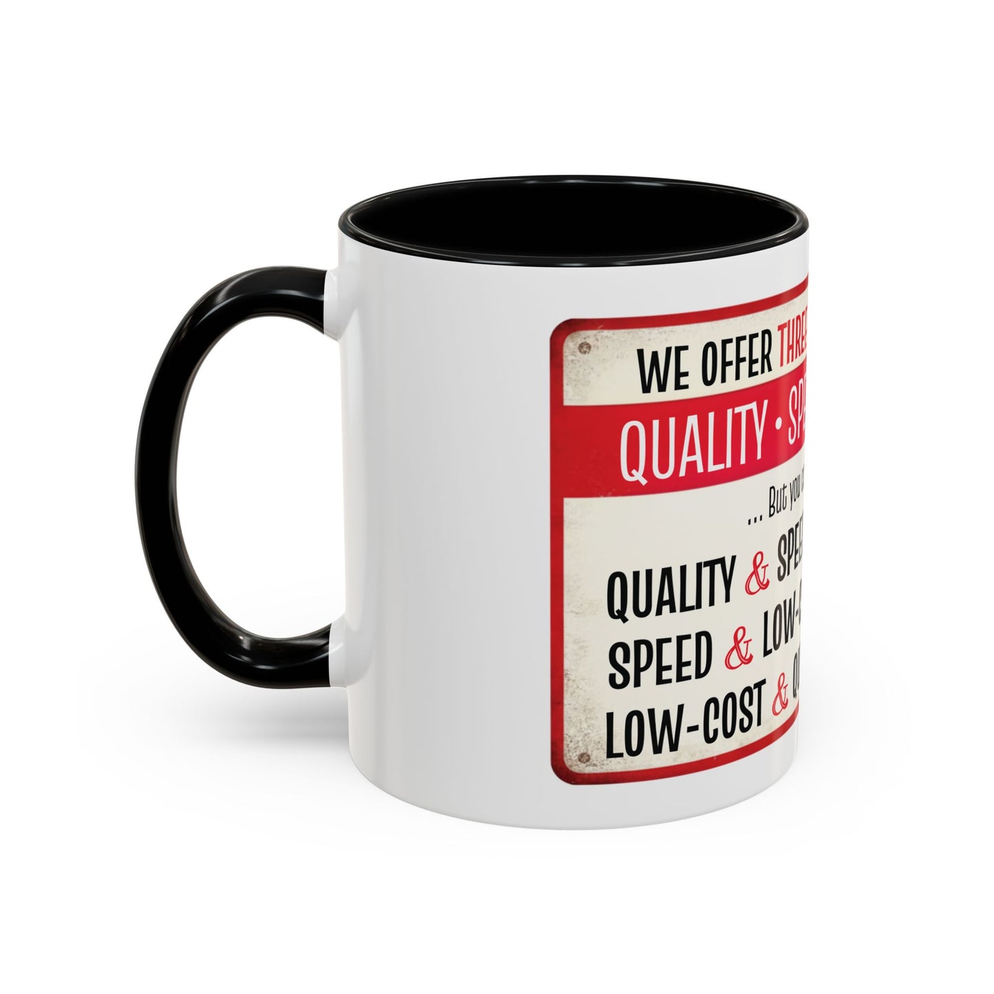 Funny Software Development Iron Triangle Tradeoff Mug | Quality, Speed, Low-Cost Coffee Cup