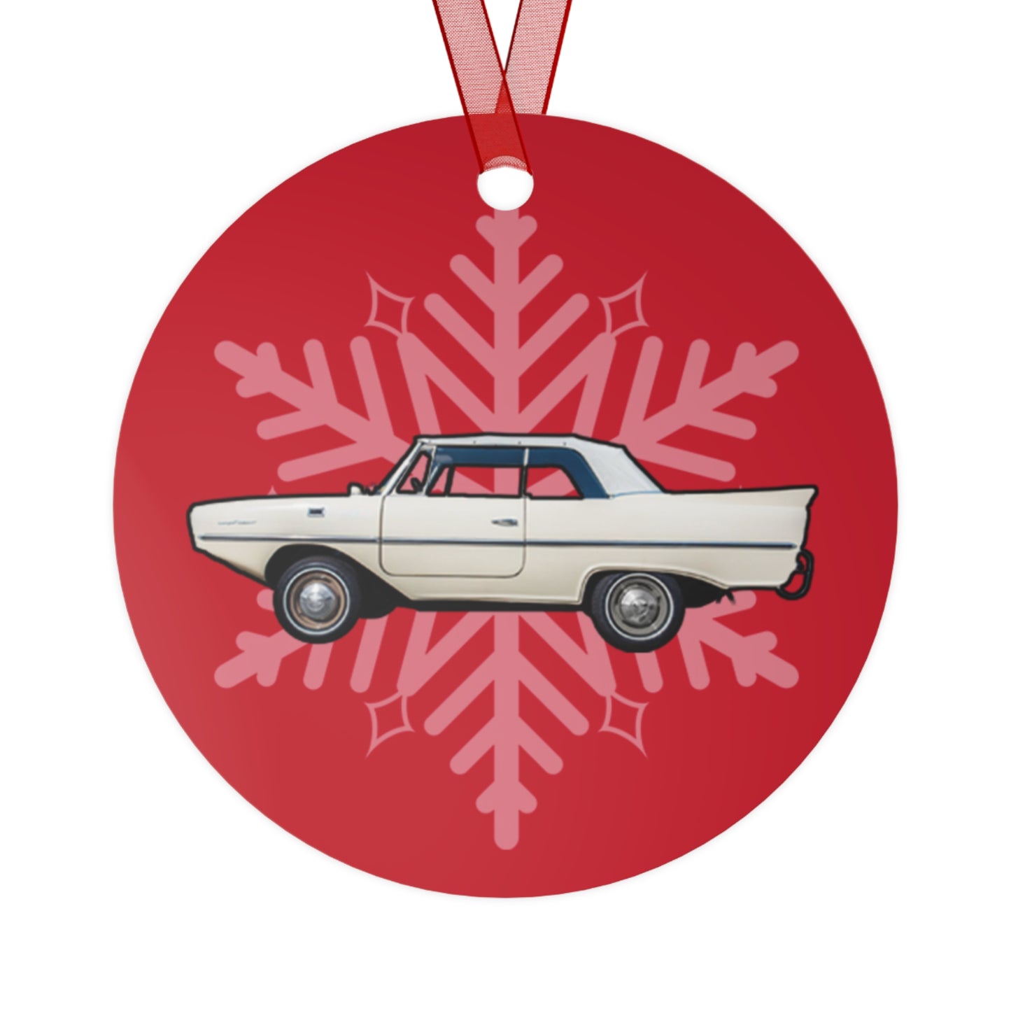 Strand White Amphicar 770 Red Background Christmas Holiday 3.5" Round Metal Ornament with Red Ribbon