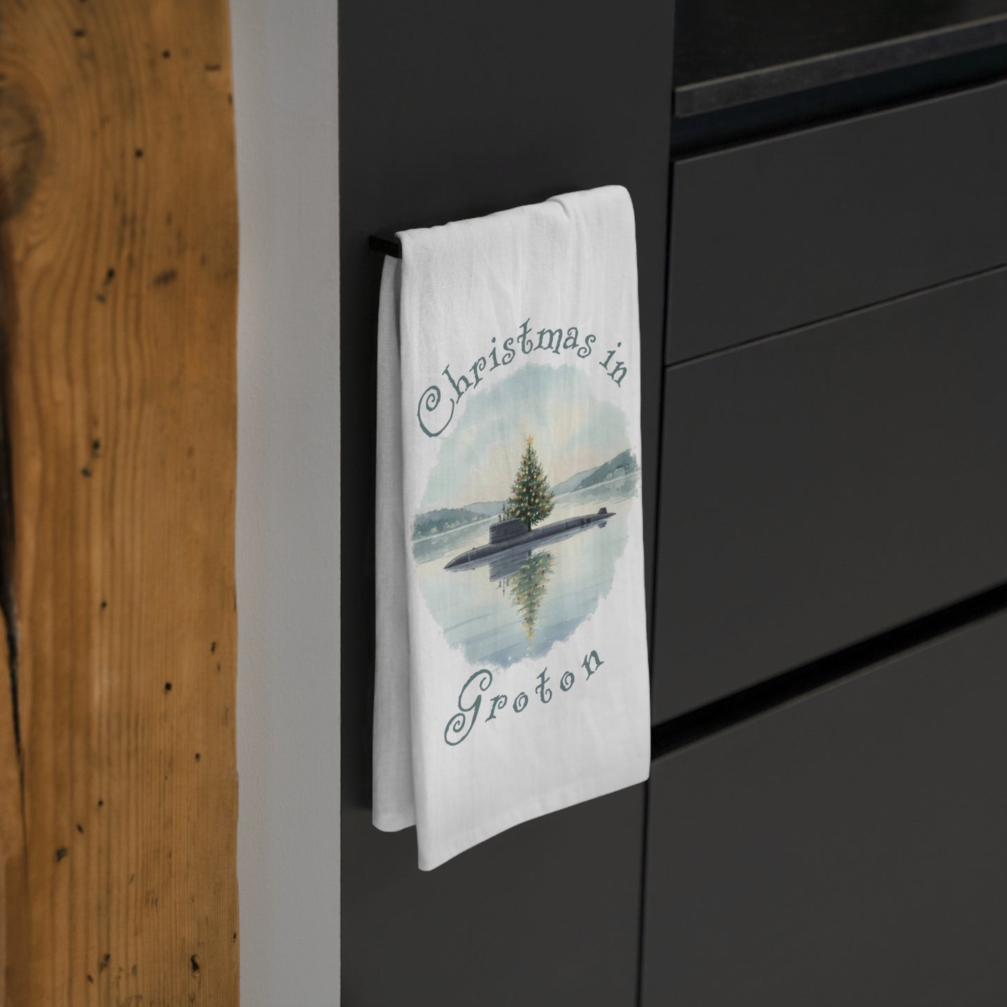 Christmas in Groton, CT Flour Sack Tea Towel  - Submarine with Xmas Tree in Harbor, Local's Gift