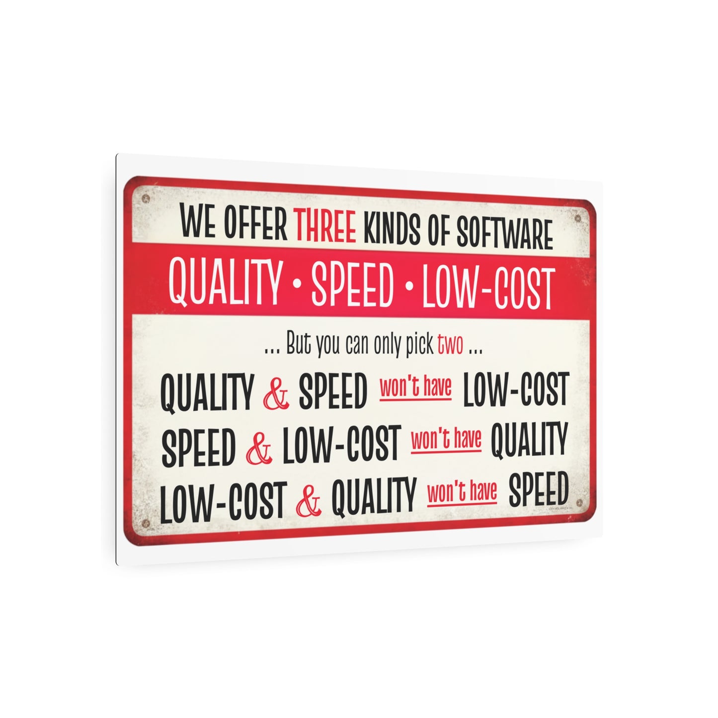 Metal Sign, Software Development Iron Triangle  | Quality, Speed, Low-Cost Funny Wall Art 30x20"