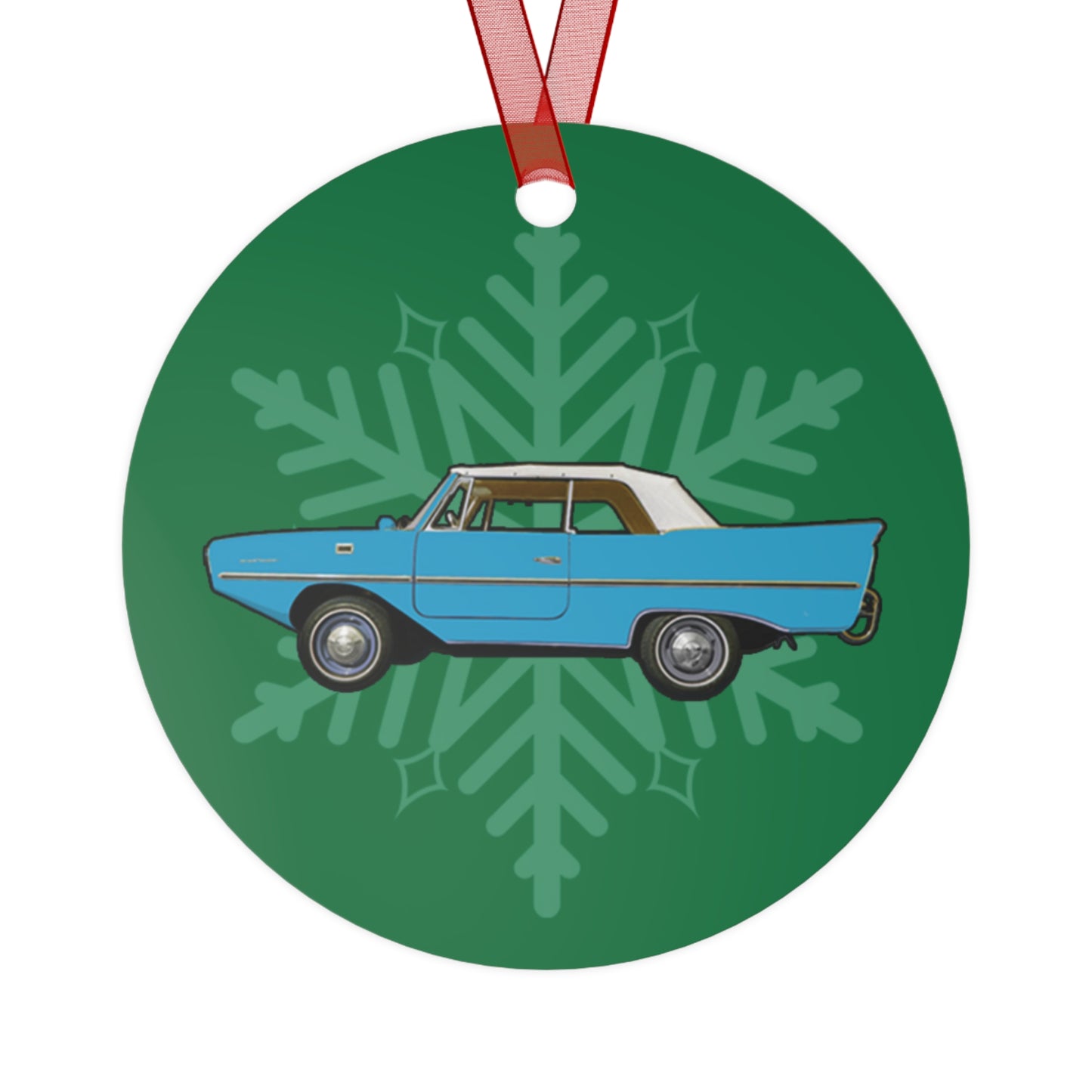 Lagoon Blue  Amphicar 770 Christmas Holiday 3.5" Round Metal Ornament with Red Ribbon