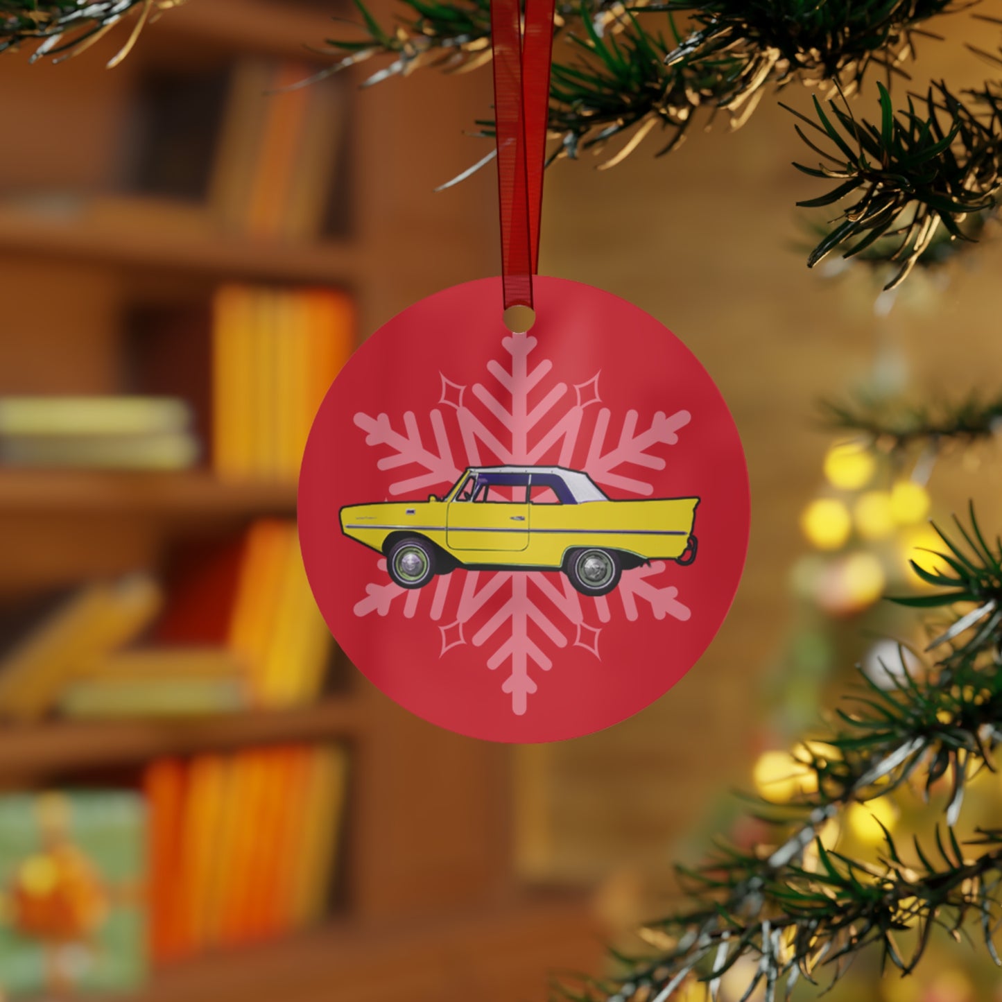 Yellow Amphicar 770 Red Background Christmas Holiday 3.5" Round Metal Ornament with Red Ribbon