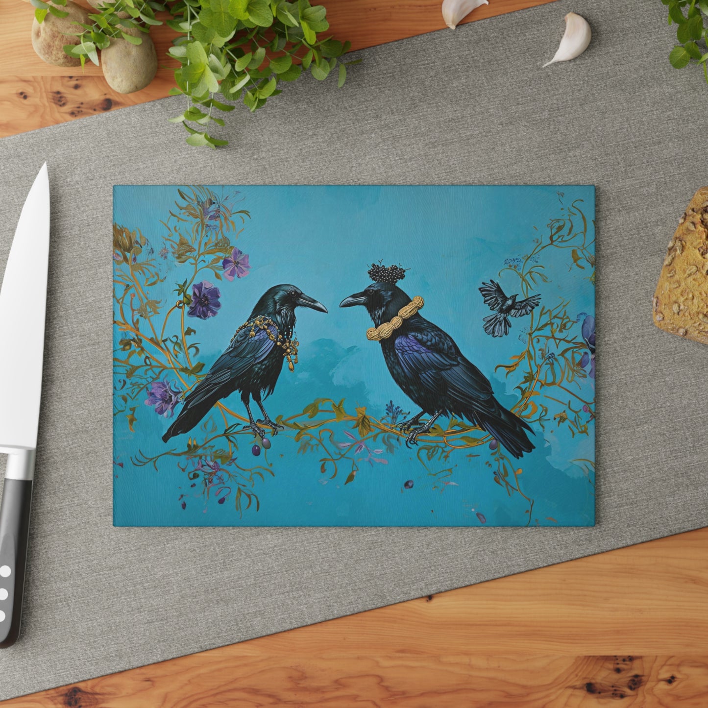 Crow and Raven Wearing Peanut Necklaces and a Blackberry Hat Glass Cutting Board