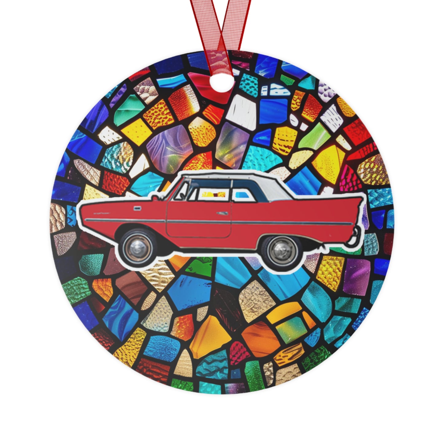 Regatta Red Amphicar 770 Mosaic Background Christmas Holiday 3.5" Round Metal Ornament with Ribbon