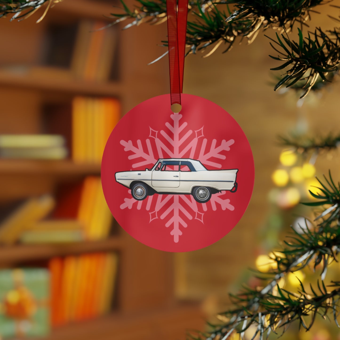 Strand White Amphicar 770 Red Background Christmas Holiday 3.5" Round Metal Ornament with Red Ribbon