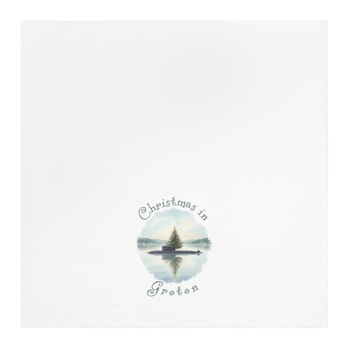 Christmas in Groton, CT Flour Sack Tea Towel  - Submarine with Xmas Tree in Harbor, Local's Gift