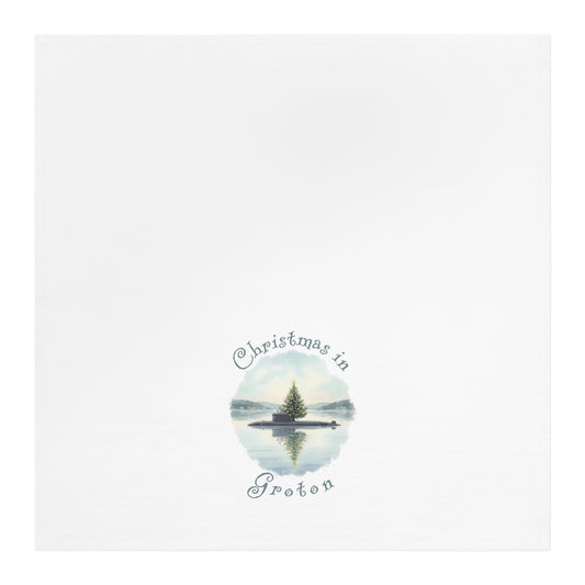 Christmas in Groton, CT Flour Sack Tea Towel  - Submarine with Xmas Tree in Harbor, Local's Gift