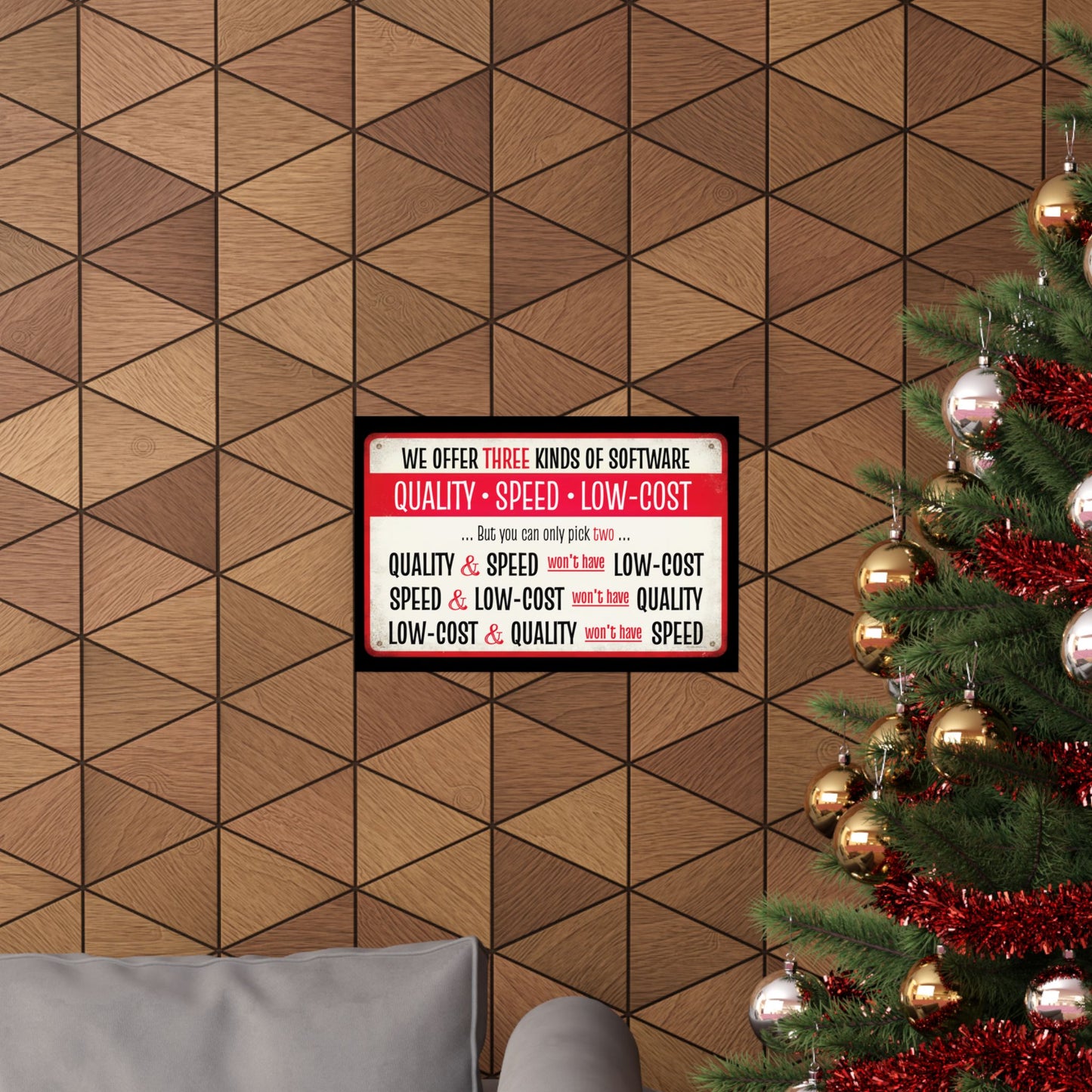 Poster, Software Development Iron Triangle  | Quality, Speed, Low-Cost Funny Wall Art for Coders