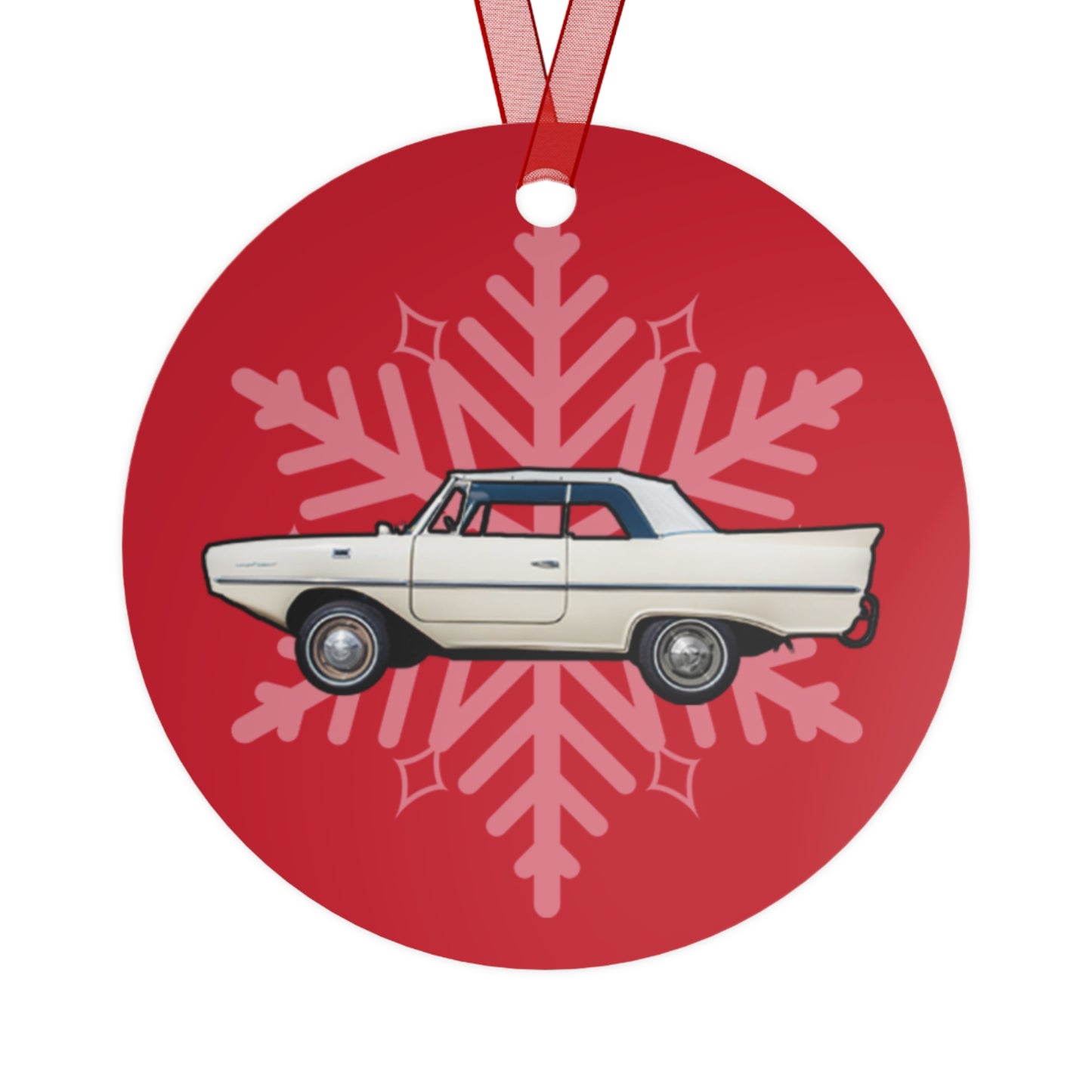 Strand White Amphicar 770 Red Background Christmas Holiday 3.5" Round Metal Ornament with Red Ribbon