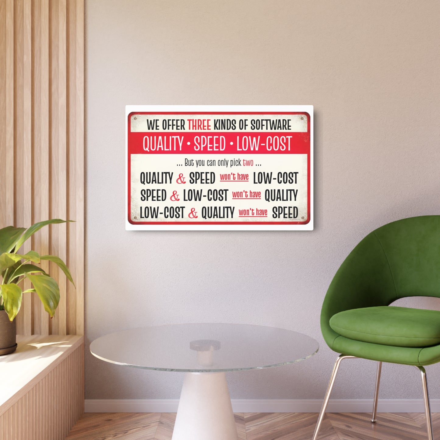 Metal Sign, Software Development Iron Triangle  | Quality, Speed, Low-Cost Funny Wall Art 30x20"