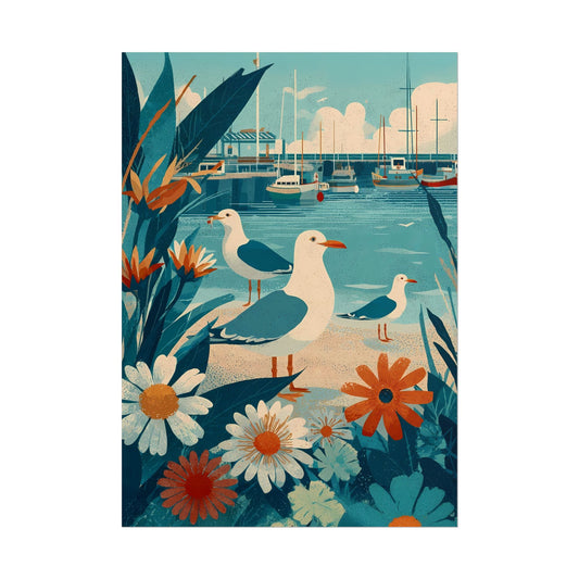 Three Coastal Seagulls and Marina Art Print Poster, Nautical Room Decor, Beach House Wall Art, Gift for Bird Lovers, Vintage Inspired Illustration