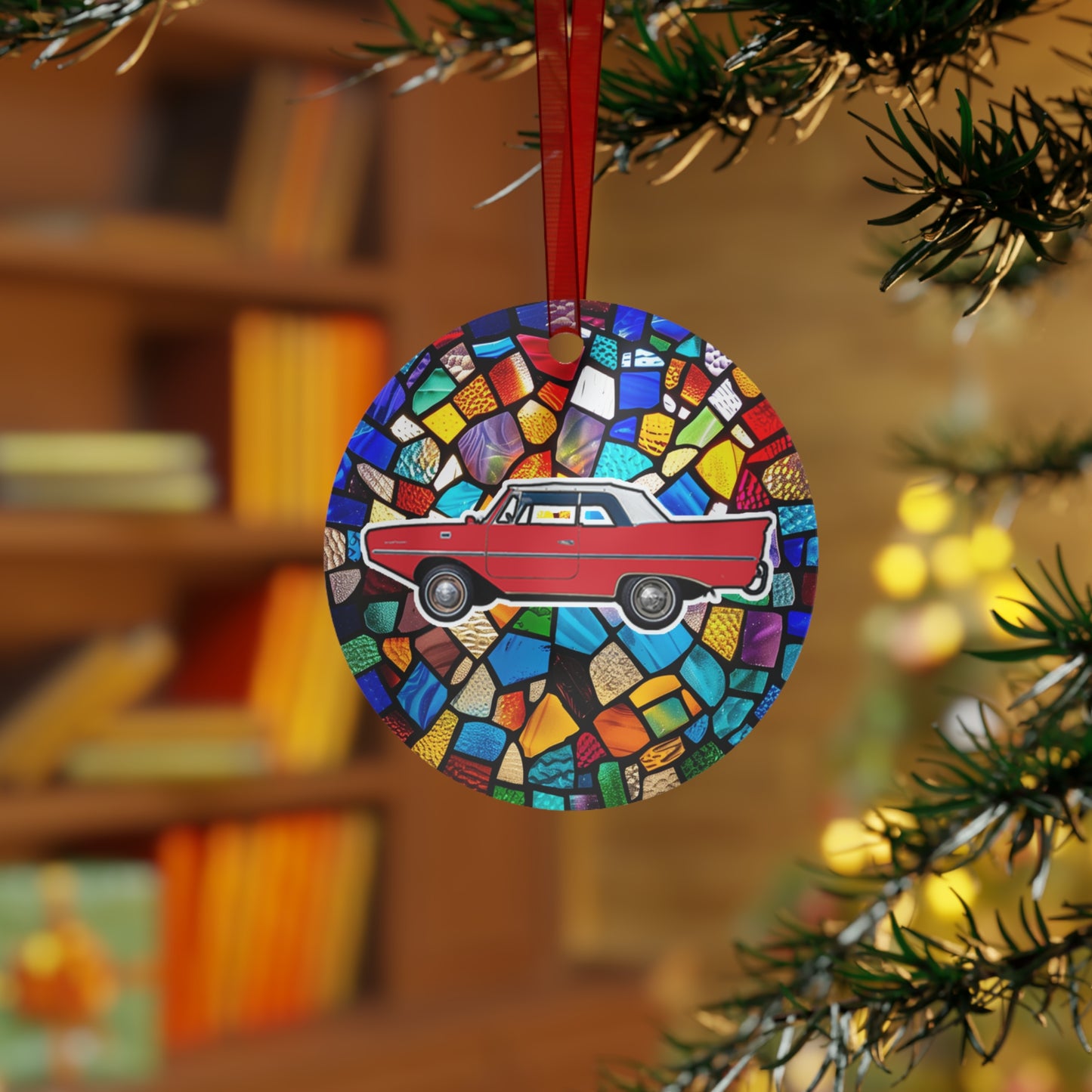 Regatta Red Amphicar 770 Mosaic Background Christmas Holiday 3.5" Round Metal Ornament with Ribbon