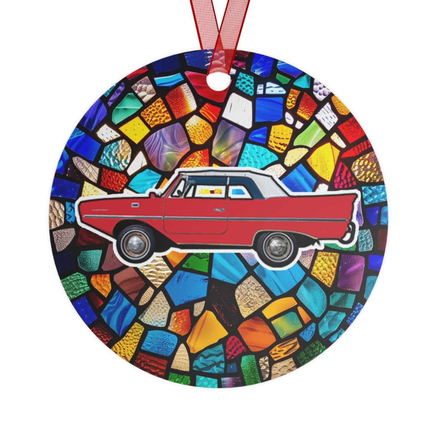 Regatta Red Amphicar 770 Mosaic Background Christmas Holiday 3.5" Round Metal Ornament with Ribbon