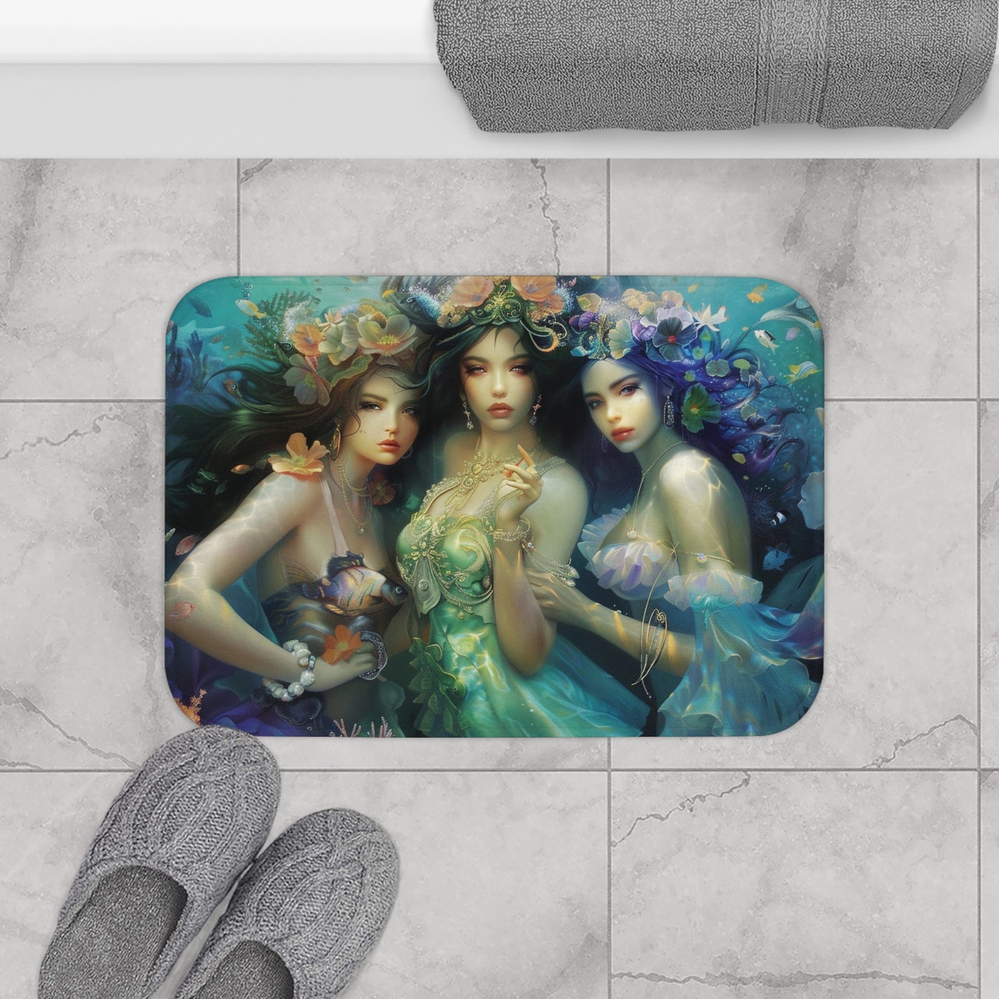 Water Goddesses Bath Mat, Mystical Mermaid, Sea Witch, Ocean Decor, Boho Bathroom Rug, Nautical Gift, Coastal Home Accessory