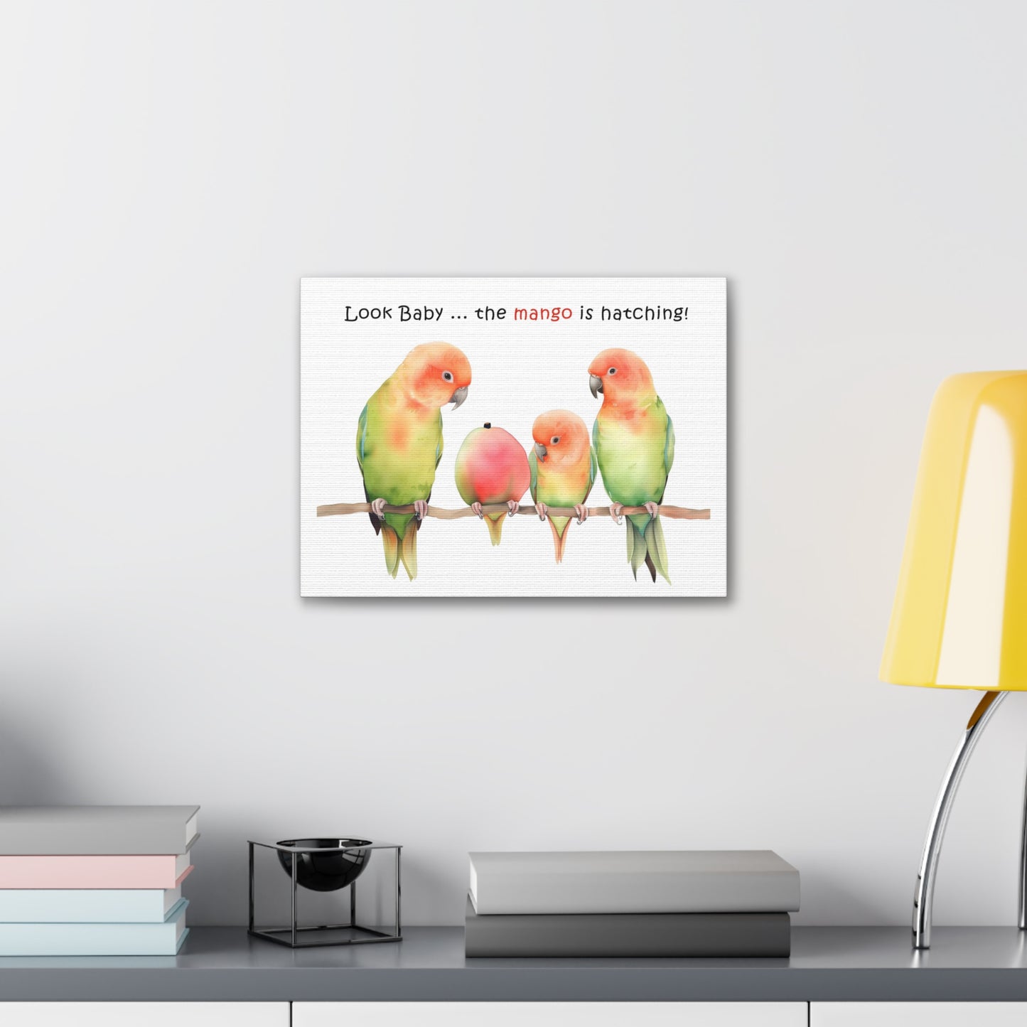 Lovebird Parents and Baby Watching Mango Hatching on a Branch - Funny Canvas Gallery Wraps