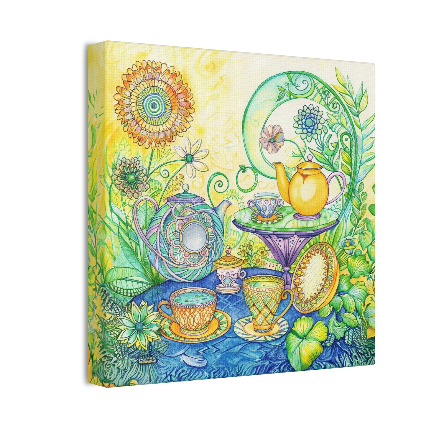 Colorful Garden Tea Party Zentangle Canvas Stretched Wall art with a 0.75" Height Frame