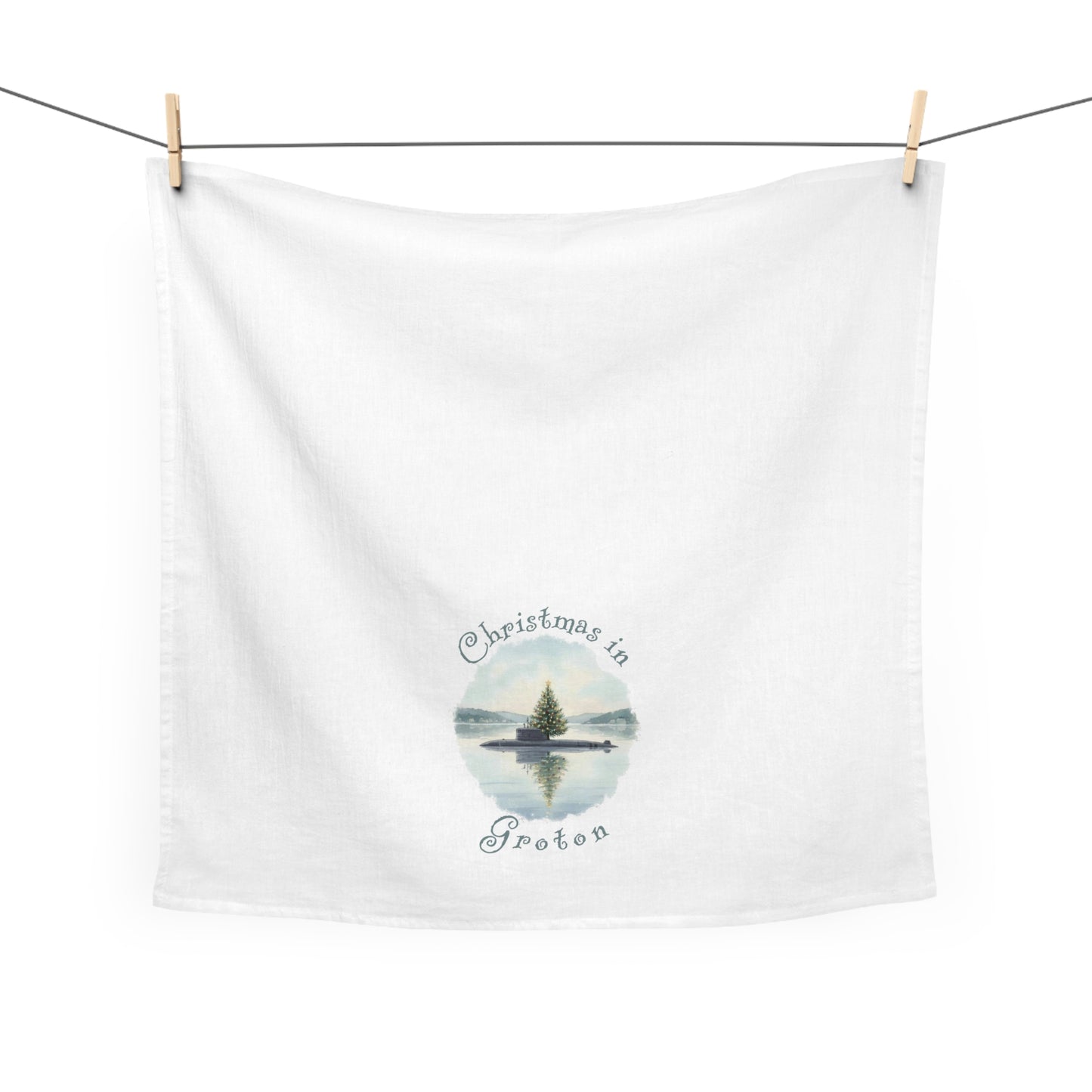 Christmas in Groton, CT Flour Sack Tea Towel  - Submarine with Xmas Tree in Harbor, Local's Gift