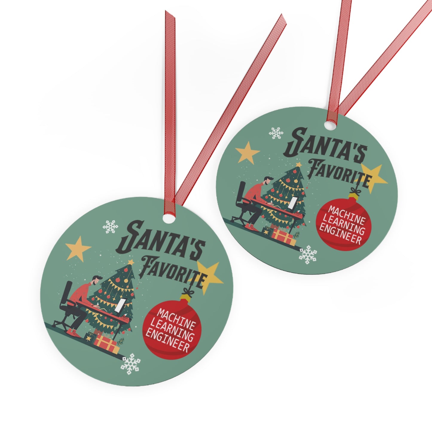 Santa's Favorite Machine Learning Engineer Christmas Holiday 3.5" Round Metal Ornament with Ribbon