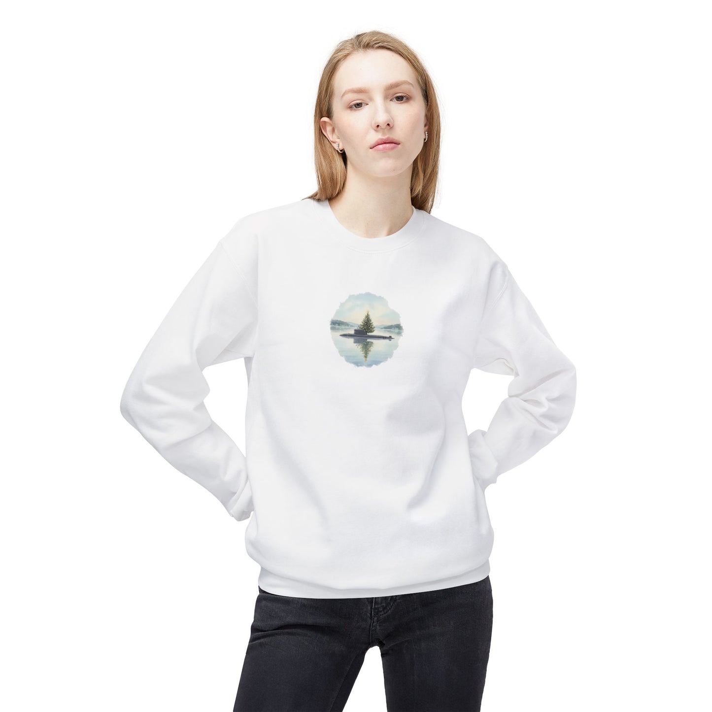Christmas in Groton, CT Fleece Crewneck Sweatshirt  - Submarine with Xmas Tree in Harbor, Local's Gift