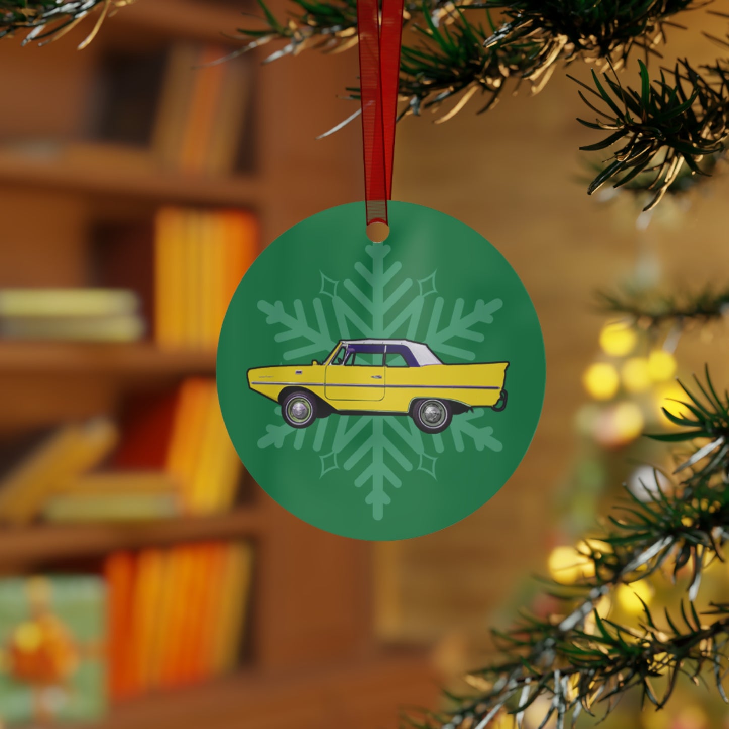 Yellow Amphicar 770 Christmas Holiday 3.5" Round Metal Ornament with Red Ribbon