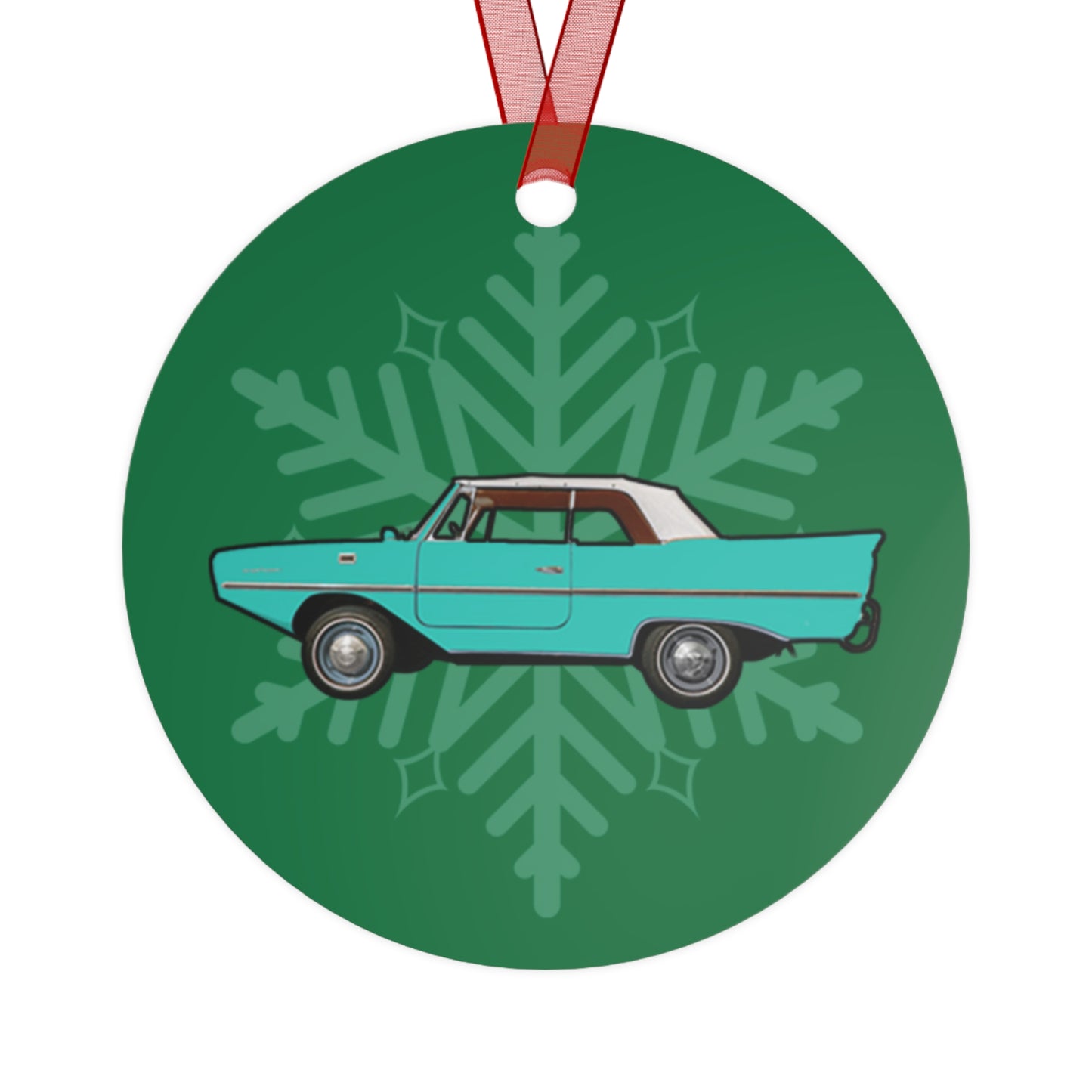 Fjord Green Amphicar 770 Christmas Holiday 3.5" Round Metal Ornament with Red Ribbon