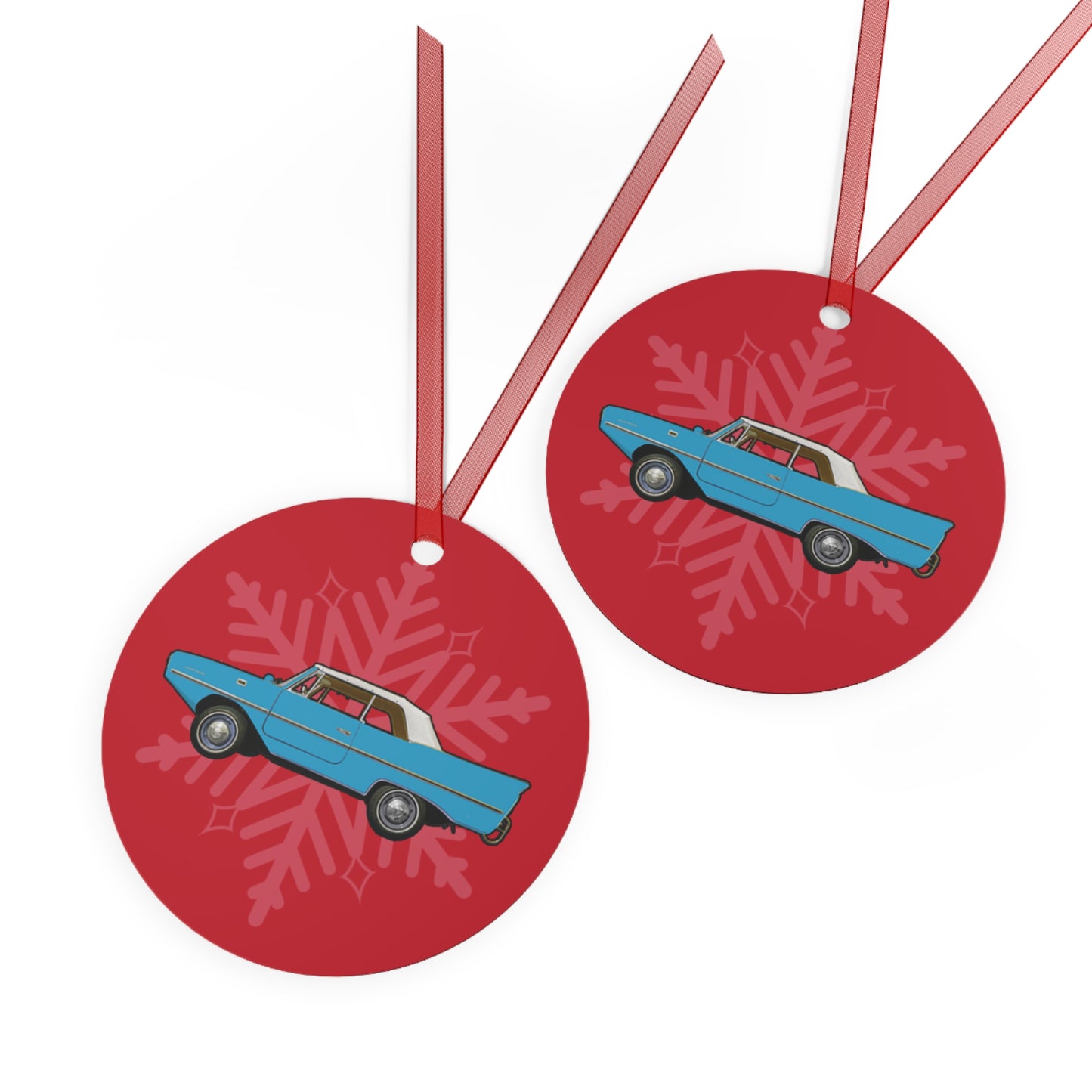 Lagoon Blue Amphicar 770 Red Background Christmas Holiday 3.5" Round Metal Ornament with Red Ribbon