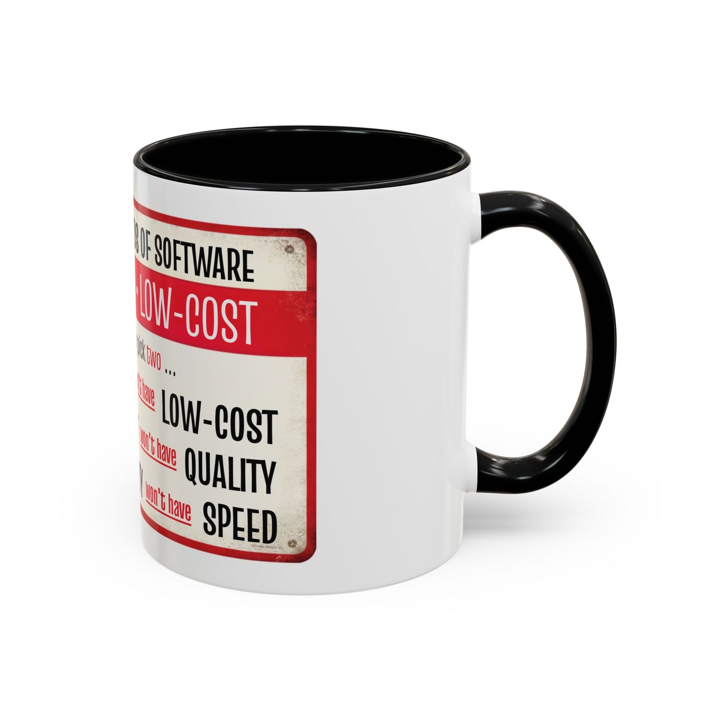 Funny Software Development Iron Triangle Tradeoff Mug | Quality, Speed, Low-Cost Coffee Cup
