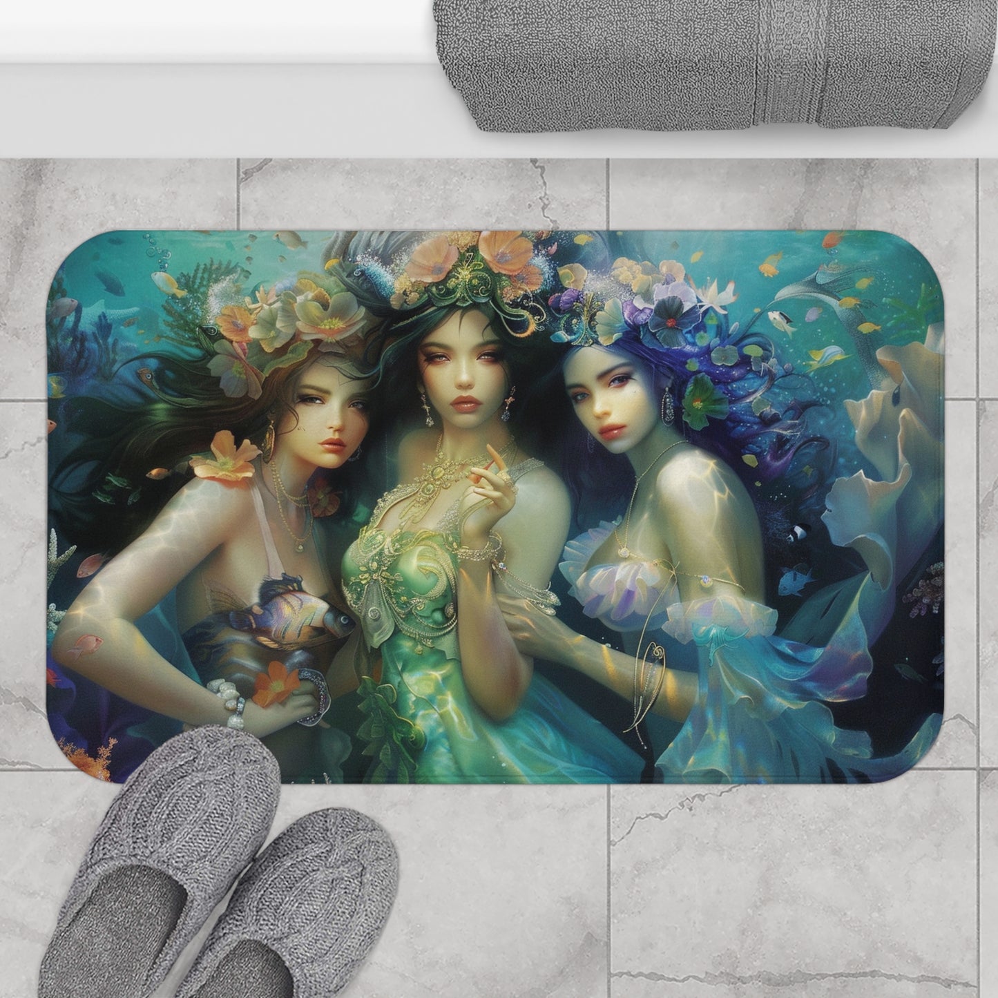 Water Goddesses Bath Mat, Mystical Mermaid, Sea Witch, Ocean Decor, Boho Bathroom Rug, Nautical Gift, Coastal Home Accessory