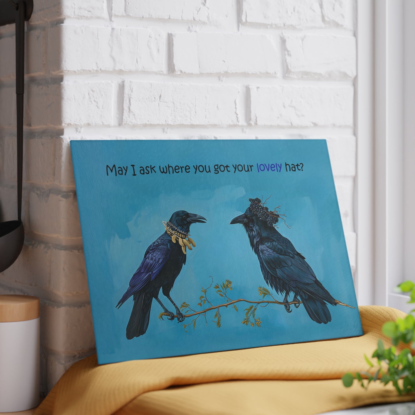 Crow and Raven Peanut Necklace and Blackberry Hat, Funny Bird Glass Cutting Board - 2 Sizes