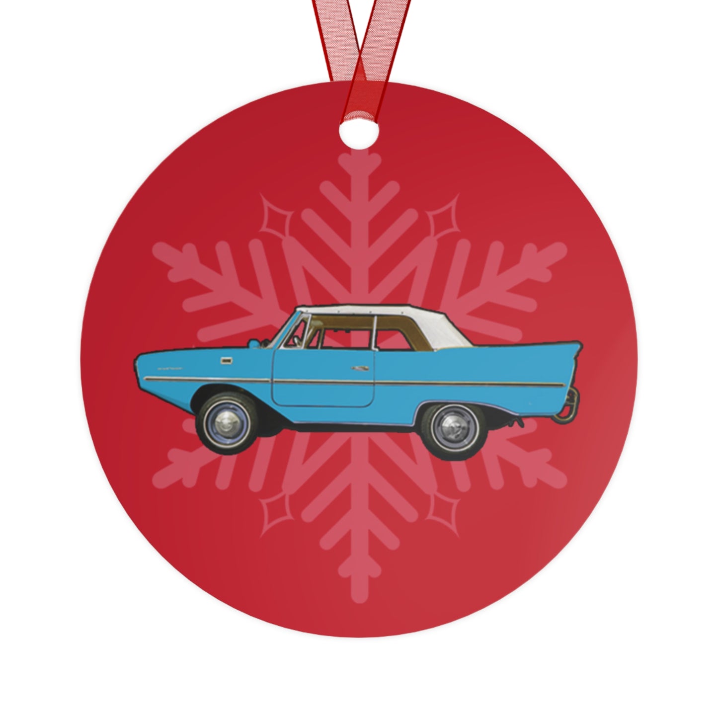 Lagoon Blue Amphicar 770 Red Background Christmas Holiday 3.5" Round Metal Ornament with Red Ribbon