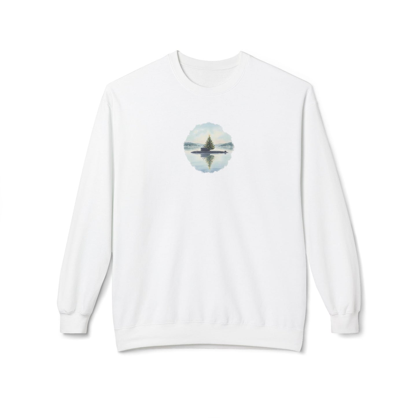 Christmas in Groton, CT Fleece Crewneck Sweatshirt  - Submarine with Xmas Tree in Harbor, Local's Gift