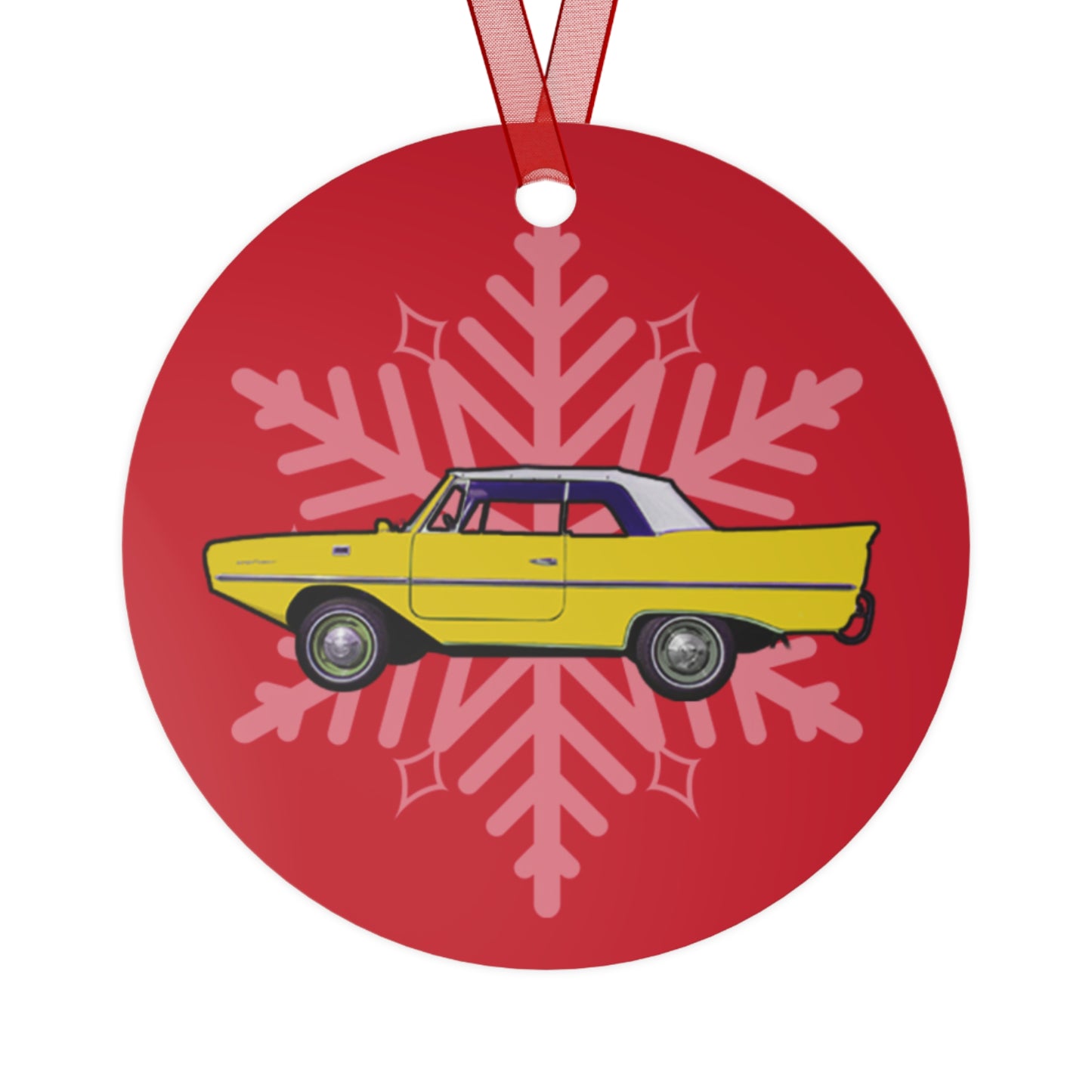 Yellow Amphicar 770 Red Background Christmas Holiday 3.5" Round Metal Ornament with Red Ribbon