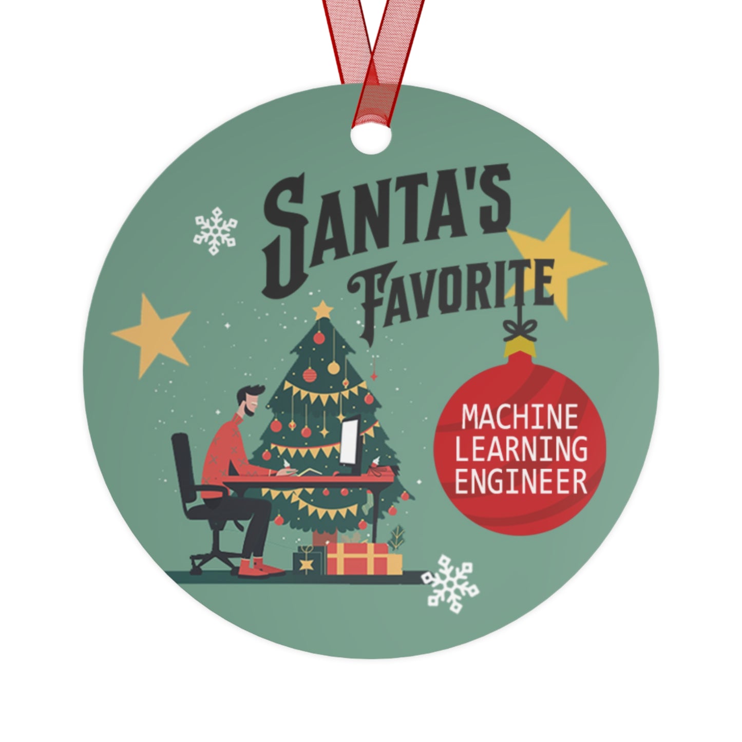 Santa's Favorite Machine Learning Engineer Christmas Holiday 3.5" Round Metal Ornament with Ribbon