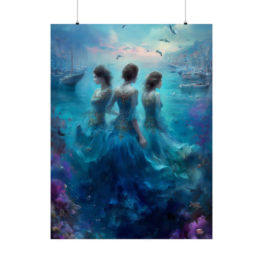 Dreamy Water Goddesses and Boats Vertical Poster, Wall Art for Home Decor, Mermaid Themed Art, Gift for Beach and Ocean Lovers